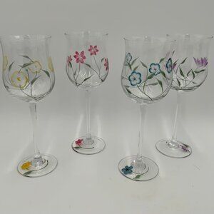 Set of 4 Lenox Hand Painted Floral Long Stem Wine Glasses